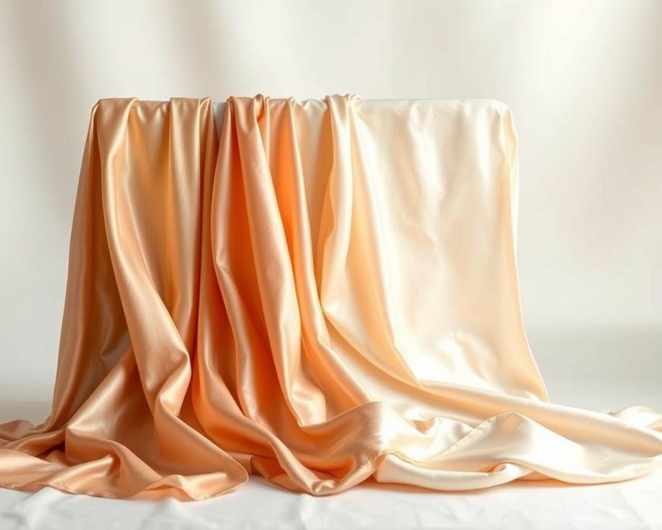 A carefully arranged still life showcasing a comparison of high-quality silk fabrics in their natural state. The foreground features an array of silk samples in various textures and hues, their luxurious sheen and fluid drape accentuated by soft, diffused lighting from the side. The middle ground presents the fabrics against a minimalist, off-white backdrop, allowing their intrinsic beauty to shine. The background blurs into a subtle gradient, creating a sense of depth and focus on the central silk display. The overall composition conveys a sense of refined elegance, highlighting the distinctive qualities and common misconceptions about diverse silk types.
