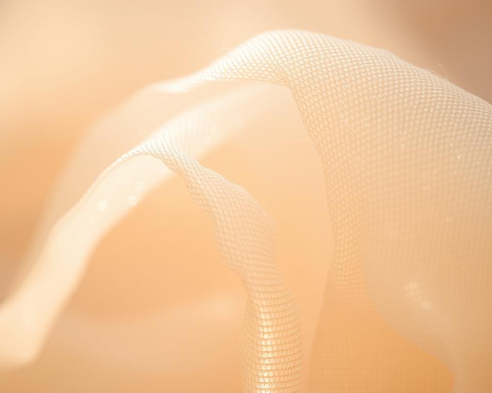 A close-up shot of delicate silk fibers, gleaming with a soft sheen under natural lighting. The filaments intertwine and interlock, creating a mesmerizing textural pattern. The fabric appears weightless yet resilient, hinting at the inherent strength and flexibility of this remarkable natural material. In the background, a subtle gradient of warm tones evokes a sense of tranquility and serenity, complementing the intricate beauty of the silk. The image conveys the exceptional qualities of silk, from its lustrous appearance to its remarkable properties that have captivated humans for centuries.