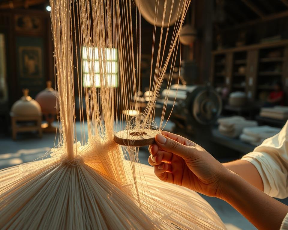 A close-up view of the intricate cocoon reeling process, showcasing the delicate silk fibers being carefully unwound from a cocoon. The scene is illuminated by warm, natural lighting, casting a soft, golden glow over the delicate materials. The foreground features the skilled hands of the artisan, deftly manipulating the fragile threads, while the middle ground reveals the intricate machinery used to extract the silk. In the background, a serene, traditional workshop setting provides a sense of historical context and craftsmanship. The overall atmosphere conveys the meticulous care and precision required to transform these humble cocoons into the luxurious, shimmering fabric.