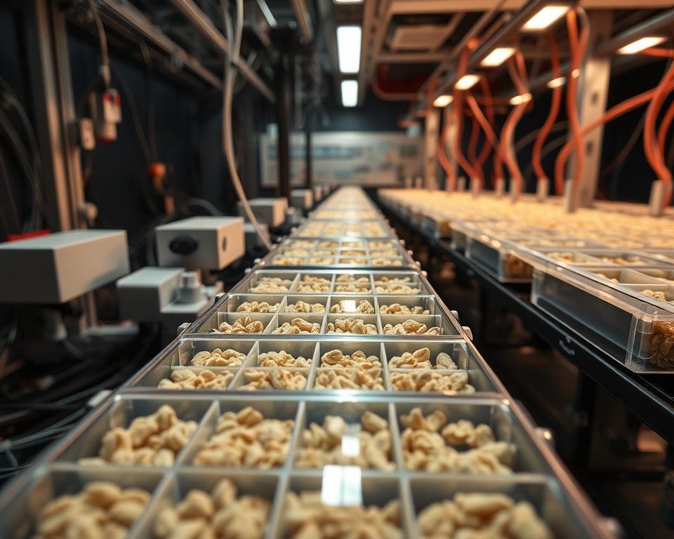 A closeup shot of an intricate artificial silkworm nutrition system, showcasing a network of meticulously engineered feeding trays, nutrient dispensers, and sensors. The foreground features translucent feeding trays filled with a specialized silkworm diet, the texture and composition of which is evident. The middle ground shows the control modules and monitoring equipment, all designed with a sleek, modern aesthetic. The background is dimly lit, creating a sense of a well-equipped research laboratory focused on the optimization of silkworm rearing. Soft, directional lighting highlights the various components, lending an air of precision and scientific inquiry to the scene. A closeup shot of an intricate artificial silkworm nutrition system, showcasing a network of meticulously engineered feeding trays, nutrient dispensers, and sensors. The foreground features translucent feeding trays filled with a specialized silkworm diet, the texture and composition of which is evident. The middle ground shows the control modules and monitoring equipment, all designed with a sleek, modern aesthetic. The background is dimly lit, creating a sense of a well-equipped research laboratory focused on the optimization of silkworm rearing. Soft, directional lighting highlights the various components, lending an air of precision and scientific inquiry to the scene.