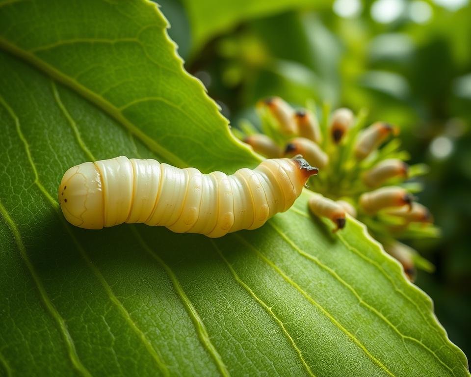 A closeup view of a healthy silkworm on a mulberry leaf, backlit by soft natural lighting. The silkworm's body is plump and translucent, with intricate patterns of segmented rings along its length. Its small black eyes and mandibles are clearly visible, conveying a sense of focused attention. The leaf's veined surface provides a textured, organic backdrop, complementing the silkworm's delicate form. In the middle ground, additional silkworms can be seen munching on the lush, green foliage, creating a serene, pastoral scene. The overall composition emphasizes the silkworm's fragile beauty and the careful attention required for its proper health management.