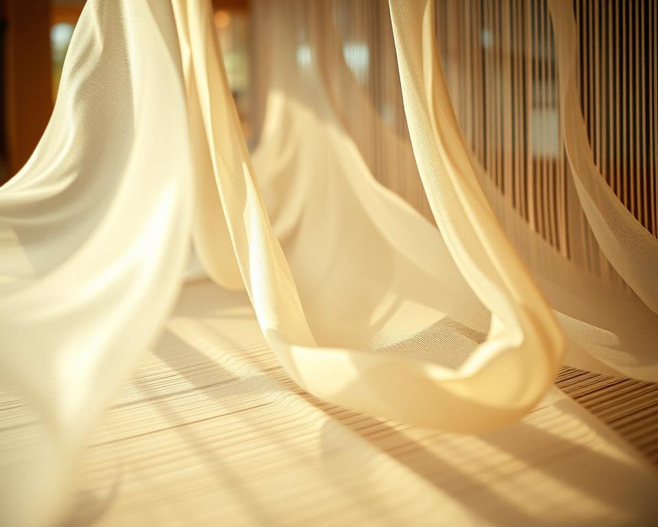 A delicate silk fabric gently flowing and intertwining, capturing the intricate dance of the weaving process. The intricate patterns emerge from the loom, with the warm glow of natural lighting casting a soft, ethereal atmosphere. Silky threads glide through the warp and weft, creating a mesmerizing visual symphony. The camera captures the scene from a medium distance, showcasing the skilled craftsmanship and the mesmerizing rhythm of the textile's creation. This serene and elegant image perfectly illustrates the timeless artistry and careful attention required to maintain the beauty of silk fabrics.