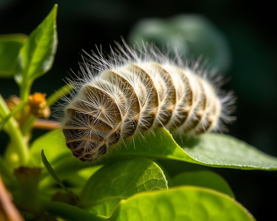 A detailed close-up of a silkmoth caterpillar in a natural, well-lit setting. The caterpillar is positioned prominently in the foreground, its fuzzy, segmented body curled slightly as it rests on a bed of fresh green leaves. Soft, diffused lighting from the side gently illuminates the delicate hairs and vibrant colors of the caterpillar's intricate patterns. The middle ground features additional leaves and foliage, while the background is blurred, suggesting an outdoor environment. The overall tone is serene and contemplative, allowing the viewer to focus on the intricate details and textures of the caterpillar's form.