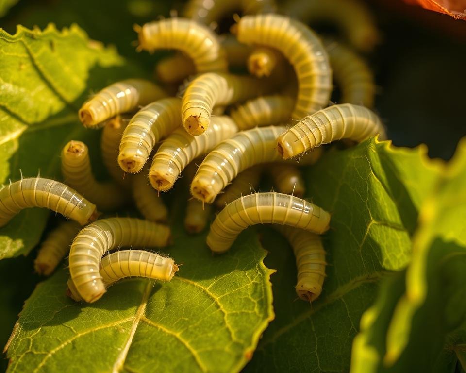 A detailed close-up of a variety of silkworm larvae feeding on mulberry leaves. The silkworms are in various stages of growth, some smaller and younger, others larger and more mature. The leaves are lush and green, with delicate veins and a slight sheen, appearing freshly plucked. Soft, warm lighting illuminates the scene from the side, casting gentle shadows and highlights on the silkworms' bodies. The background is slightly blurred, keeping the focus on the feeding silkworms. The overall mood is one of natural, peaceful nourishment.