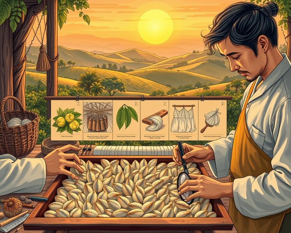 A detailed comparison of traditional and modern sericulture practices, captured in a meticulously crafted illustration. In the foreground, a skilled sericulturist tends to a tray of silkworm cocoons, surrounded by the tools of the trade - baskets, brushes, and a magnifying glass. In the middle ground, a series of side-by-side panels showcase the intricate steps of silk production, from harvesting mulberry leaves to unwinding the delicate threads. The background depicts a serene, idyllic landscape - rolling hills, lush greenery, and a glowing golden sunset, conveying the timeless, artisanal nature of this ancient craft. Crisp, high-contrast lighting accentuates the textures and details, while a slightly cinematic depth of field draws the viewer's eye through the scene. The overall mood is one of reverence, precision, and the passing of knowledge through generations.