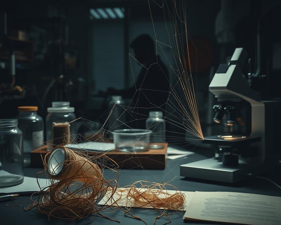 A dimly lit laboratory filled with intricate equipment, glass containers, and scattered notes. In the foreground, delicate spider silk threads are meticulously extracted and examined under a high-powered microscope. The middle ground reveals the challenges of this process - tangled webs, fragile strands, and a researcher's furrowed brow as they grapple with the complexities of this natural material. The background casts an ominous shadow, hinting at the technical obstacles and inherent unpredictability of harvesting spider silk on an industrial scale. Muted colors, dramatic lighting, and a sense of scientific inquiry permeate the scene, capturing the essence of the "Challenges in Harvesting Spider Silk".