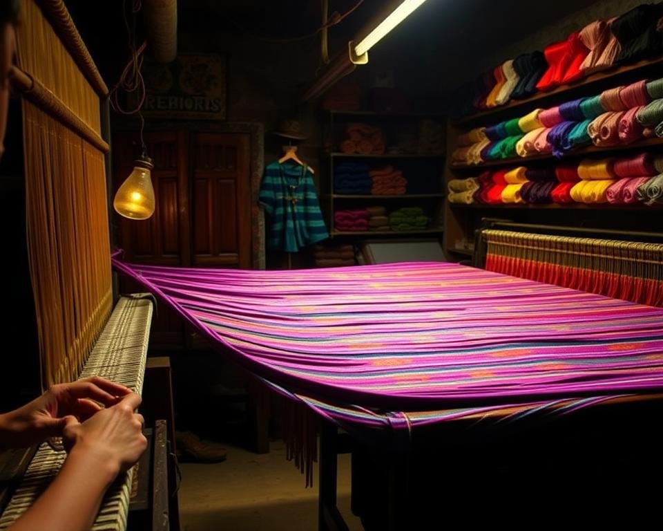 A dimly lit silk weaving workshop, the air thick with the scent of dyes and the rhythmic clacking of looms. In the foreground, a skilled artisan's hands deftly manipulate the threads, their movements fluid and practiced. Bolts of vibrant, jewel-toned fabric cascade in the middle ground, their intricate patterns a testament to the weaver's mastery. In the background, shelves brimming with spools of silk thread, each color a vivid hue drawn from the natural world. Soft, diffused lighting casts a warm, golden glow, evoking the timeless elegance of this centuries-old craft. The scene exudes a sense of tranquility and focus, capturing the essence of the "Art of Dyeing Silk".