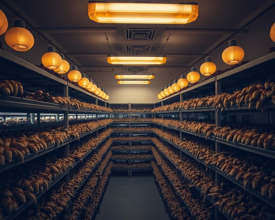 A dimly lit silkworm rearing room, illuminated by soft, amber-toned overhead lamps that cast a warm, inviting glow. The shelves are lined with multilayered trays, each teeming with thriving silkworms munching on fresh mulberry leaves. The air is filled with the gentle rustling of the worms and the soothing hum of the ventilation system, creating a tranquil, nurturing environment. The walls are painted in neutral tones, accentuating the natural beauty of the silkworms and their delicate silk strands. A serene, meditative atmosphere pervades the space, optimized for the healthy development of these intricate, industrious creatures. A dimly lit silkworm rearing room, illuminated by soft, amber-toned overhead lamps that cast a warm, inviting glow. The shelves are lined with multilayered trays, each teeming with thriving silkworms munching on fresh mulberry leaves. The air is filled with the gentle rustling of the worms and the soothing hum of the ventilation system, creating a tranquil, nurturing environment. The walls are painted in neutral tones, accentuating the natural beauty of the silkworms and their delicate silk strands. A serene, meditative atmosphere pervades the space, optimized for the healthy development of these intricate, industrious creatures.