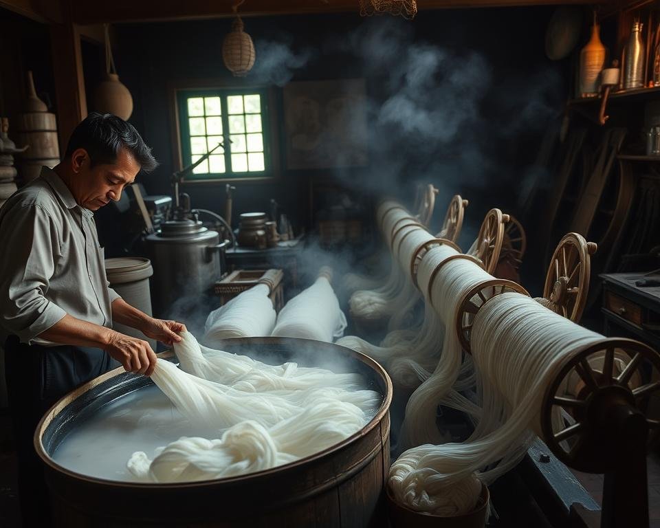 A dimly lit workshop, the air thick with the scent of boiling water and the gentle hum of machinery. In the foreground, a skilled artisan carefully tends to a vat of silk fibers, meticulously removing the gummy sericin coating using a traditional degumming technique. The middle ground reveals a series of antique wooden reels, each delicately unwinding the now purified silk strands. The background showcases a collection of traditional tools and implements, hinting at the rich history and craftsmanship of this centuries-old textile process. Soft, natural lighting filters through the windows, casting a warm, inviting glow over the scene. The overall atmosphere conveys a sense of timeless expertise, where the past and present seamlessly intertwine.