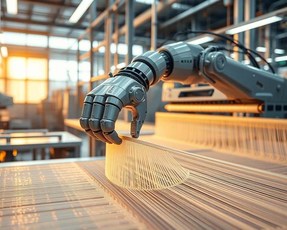 A gleaming robotic arm carefully manipulates intricate silk threads, weaving them into a delicate, shimmering fabric. In the background, a state-of-the-art silk production facility buzzes with activity, automated systems working in perfect harmony to streamline the entire process. Warm, golden lighting casts a serene glow over the scene, highlighting the precision and elegance of this technological marvel. The camera captures this intersection of nature and machine, showcasing the remarkable advancements that are revolutionizing the age-old art of silk production. A gleaming robotic arm carefully manipulates intricate silk threads, weaving them into a delicate, shimmering fabric. In the background, a state-of-the-art silk production facility buzzes with activity, automated systems working in perfect harmony to streamline the entire process. Warm, golden lighting casts a serene glow over the scene, highlighting the precision and elegance of this technological marvel. The camera captures this intersection of nature and machine, showcasing the remarkable advancements that are revolutionizing the age-old art of silk production.