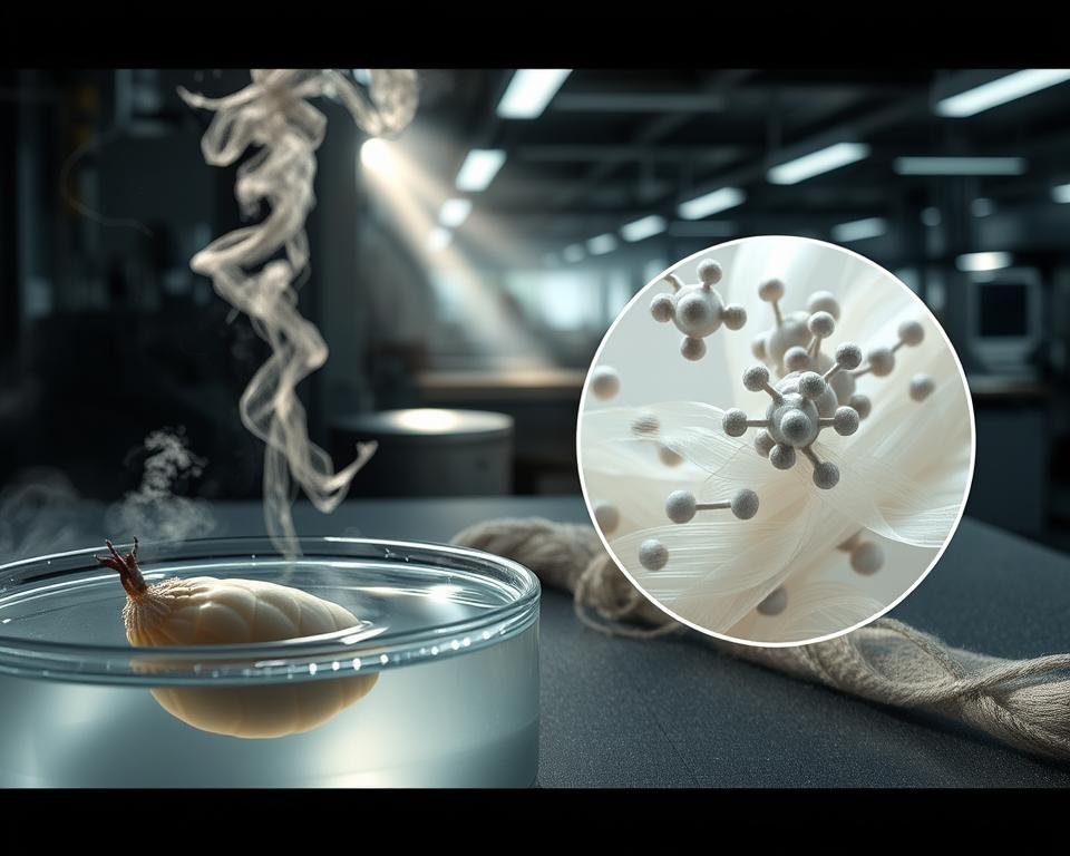 A high-contrast, cinematic scene showcasing various sericin elimination techniques. In the foreground, a serene silk cocoon is gently submerged in a clear, steaming liquid, representing the degumming process. In the middle ground, a microscopic view reveals the intricate molecular structure of sericin, with delicate fibers being carefully unraveled. The background depicts a modernized silk production facility, with sleek machinery and well-lit workstations, hinting at the technological advancements in sericin removal. The lighting is dramatic, casting long shadows and highlighting the nuanced textures of the materials. The overall mood is one of scientific exploration and the pursuit of textile innovation.