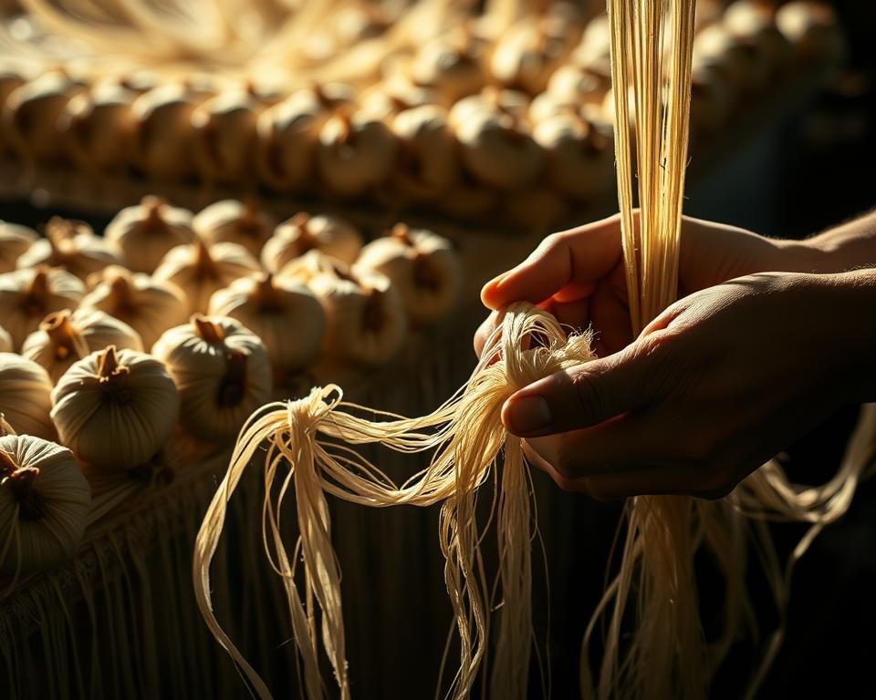A high-contrast, detailed close-up view of the sericulture process, showcasing the intricate handling of silk cocoons. In the foreground, skilled hands carefully unravel the delicate silk threads from the woven cocoons, revealing their lustrous, pale golden hues. The middle ground features an array of cocoons in various stages of processing, with the background subtly blurred to emphasize the focal point. Dramatic side lighting casts soft shadows, accentuating the textures and patterns of the silk fibers. The overall mood is one of precision, craftsmanship, and the meticulous transformation of silkworms into the precious, sought-after material.