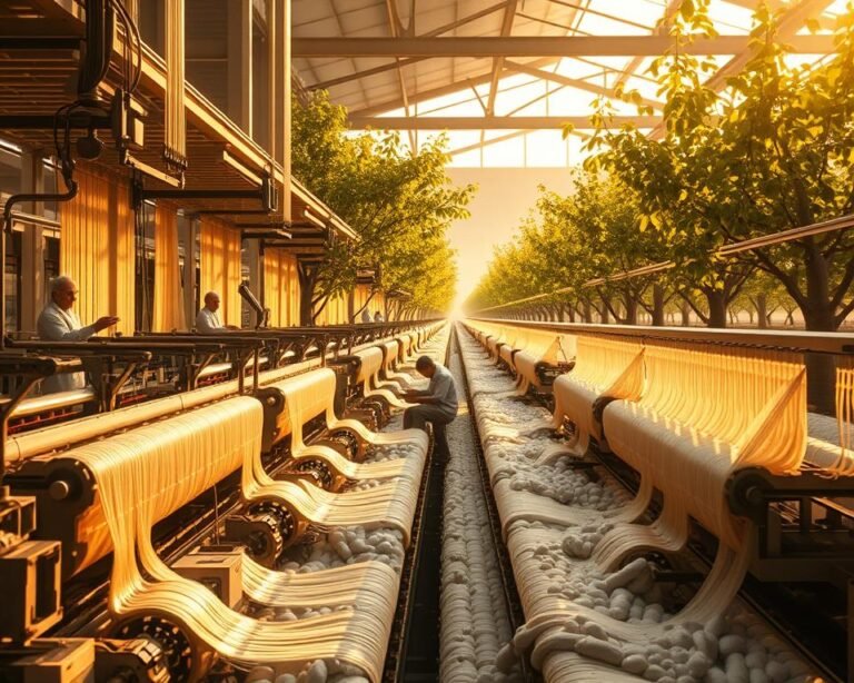 A high-efficiency silk production facility, bathed in warm, golden light. In the foreground, intricate machinery orchestrates the delicate process of silk harvesting, with robotic arms gently unraveling cocoons. The middle ground showcases sericulturists tending to the silkworms, their movements precise and deliberate. In the background, rows of mulberry trees sway gently, their lush foliage providing the sustenance for the industrious creatures. The atmosphere is one of harmonious synergy between nature and technology, where innovation and tradition converge to elevate the art of sericulture. The scene exudes a sense of order, productivity, and the quiet pride of a craft perfected over centuries.