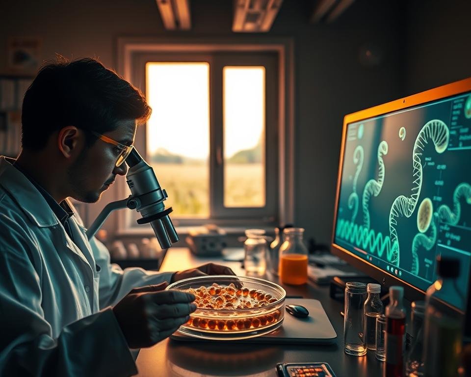 A laboratory setting, dimly lit with a warm amber glow. In the foreground, a scientist examines a petri dish containing silkworm larvae under a high-powered microscope, their genetic makeup displayed on a nearby screen. In the middle ground, an array of test tubes and scientific instruments suggests ongoing experimentation. The background reveals a window overlooking a tranquil silk farm, where silkworms spin their delicate cocoons, a visual juxtaposition of the natural and the engineered. The mood is one of thoughtful contemplation, highlighting the ethical dilemmas inherent in manipulating the genetic code of living creatures for human benefit.