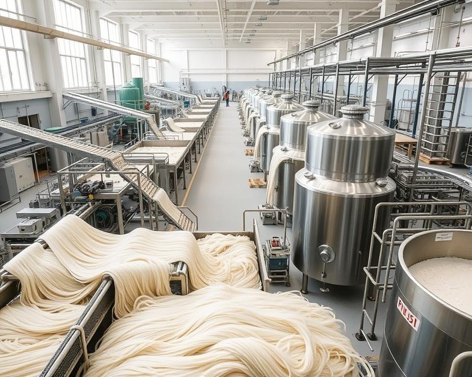 A large industrial sericin processing facility, with intricate machinery and conveyor belts transporting delicate silk fibers. The foreground shows the fiber extraction process, with technicians carefully handling the strands and separating the sericin. The middle ground features rows of stainless steel vats and tanks, where the sericin is chemically processed and refined. The background showcases the clean, well-lit production floor, with high ceilings and large windows providing natural illumination. The overall atmosphere is one of precision, efficiency, and a commitment to sustainable silk production methods.