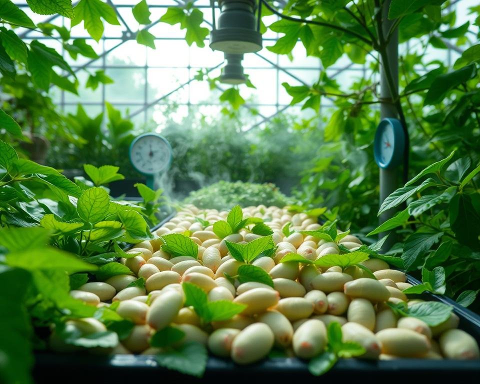 A lush, verdant greenhouse interior with a focused spotlight illuminating a tray of plump, healthy silkworms. The worms are nestled among the fresh, vibrant mulberry leaves they feed on, their bodies glistening with a delicate sheen. In the background, wisps of steam or mist create a serene, humid atmosphere, while strategically placed thermometers and hygrometers monitor the optimal climate conditions for the silkworms' well-being. The composition emphasizes the importance of a controlled, nurturing environment for maintaining silkworm health and productivity, reflecting the crucial impact of climate on their growth and development.