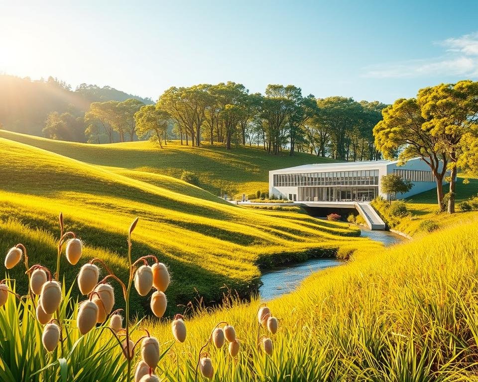 A lush, verdant landscape with rolling hills and a gently flowing stream, bathed in warm, golden sunlight. In the foreground, a vibrant array of silk cocoons and fibers gently sway in a soft breeze, their delicate textures and natural hues highlighting the sustainable nature of this biomaterial. In the middle ground, a modern, eco-friendly facility blends seamlessly with the surrounding environment, its sleek, minimalist design emphasizing the innovation and efficiency of silk-based production. In the background, a towering canopy of verdant trees and a clear, azure sky convey a sense of harmony and balance, underscoring the environmental benefits of this renewable resource. The scene exudes a serene, tranquil atmosphere, inviting the viewer to appreciate the inherent sustainability of silk biomaterials.