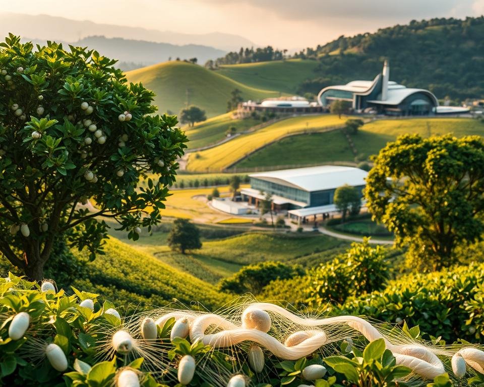A lush, verdant landscape with rolling hills and flourishing mulberry trees. In the foreground, serene silkworms meticulously spin delicate silk threads, their intricate dance captured in high-resolution detail. The middle ground showcases traditional silk reeling techniques, where skilled artisans gently extract and untangle the fine filaments. In the background, a modern silk processing facility stands, its sleek architecture and sustainable practices embodying the harmonious blend of ancient traditions and innovative technologies. Warm, soft lighting illuminates the scene, casting a serene, almost ethereal glow over the entire composition.