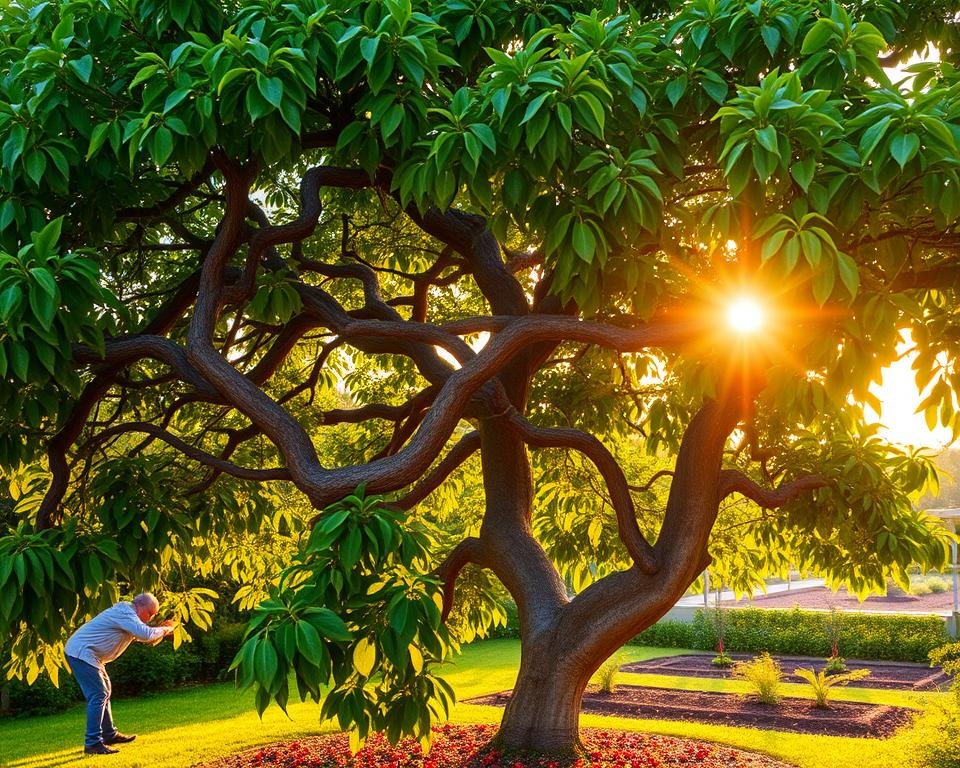 A lush, verdant mulberry tree set against a warm, golden afternoon sky. The sun's rays filter through the dense foliage, casting a soft, dappled light upon the tree's twisted, gnarled trunk and branches. In the foreground, a gardener tenderly prunes the lower limbs, ensuring proper airflow and sunlight penetration. The mid-ground reveals a scattering of fallen mulberry leaves and fruit, hinting at the tree's bountiful harvest. In the background, a well-tended garden bed hints at the care and attention lavished upon this precious specimen. An aura of tranquility and contentment pervades the scene, capturing the essence of successful mulberry cultivation.