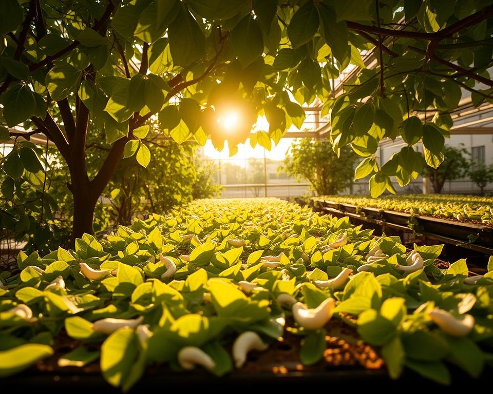 A lush, verdant silkworm habitat, bathed in warm, golden sunlight filtering through the leaves of a mulberry tree. In the foreground, neatly arranged trays hold an abundance of fresh, vibrant mulberry leaves, the primary food source for the silkworms. The middle ground reveals the silkworms themselves, delicately munching on the tender foliage, their bodies a pale, creamy hue. In the background, a serene, airy space with ample ventilation and humidity, creating the ideal environment for the silkworms to thrive and spin their precious silk cocoons. A lush, verdant silkworm habitat, bathed in warm, golden sunlight filtering through the leaves of a mulberry tree. In the foreground, neatly arranged trays hold an abundance of fresh, vibrant mulberry leaves, the primary food source for the silkworms. The middle ground reveals the silkworms themselves, delicately munching on the tender foliage, their bodies a pale, creamy hue. In the background, a serene, airy space with ample ventilation and humidity, creating the ideal environment for the silkworms to thrive and spin their precious silk cocoons.