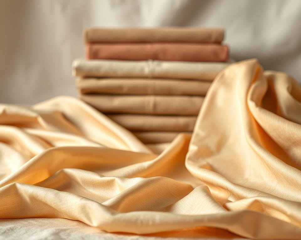 A luxurious display of raw silk fabrics, artfully arranged on a softly lit studio setting. In the foreground, the delicate sheen and fluid drape of premium raw silk textiles captivate the eye, their natural fibers catching the warm glow of carefully positioned lighting. In the middle ground, subtly textured raw silk bolts in a range of earthy, muted tones complement the focal fabrics, hinting at the versatility and timeless elegance of this premium material. The background fades into a soft, diffused gradient, allowing the fabric's inherent beauty to take center stage. Captured with a shallow depth of field and a slightly elevated camera angle, this image conveys the refined allure and sartorial sophistication of raw silk.