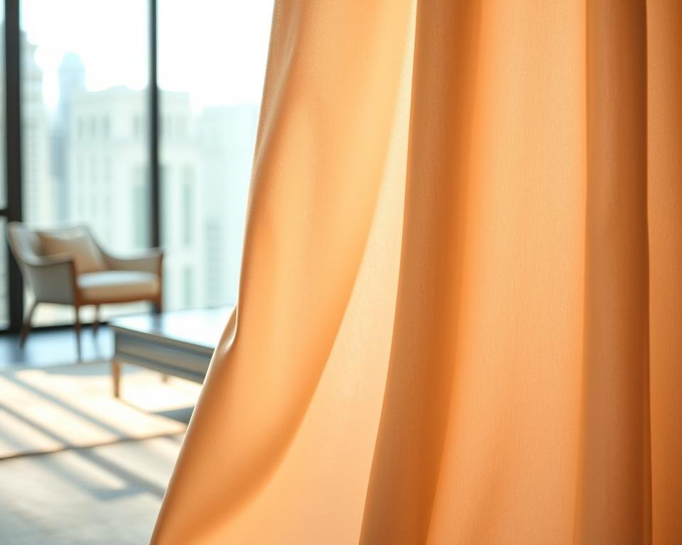 A luxurious silk fabric draped gracefully, its soft sheen catching the warm glow of natural light. The material cascades in elegant folds, revealing the intricate weave and subtle luster. In the background, a serene environment showcases the fabric's versatility, complementing the refined aesthetic of a high-end residential space. Subtle shadows and nuanced highlights accentuate the fabric's supple texture, inviting the viewer to imagine the comfort and opulence it would bring to a living area or bedroom. This image captures the essence of silk's benefits: its timeless beauty, unparalleled softness, and ability to elevate the ambiance of a luxurious home.
