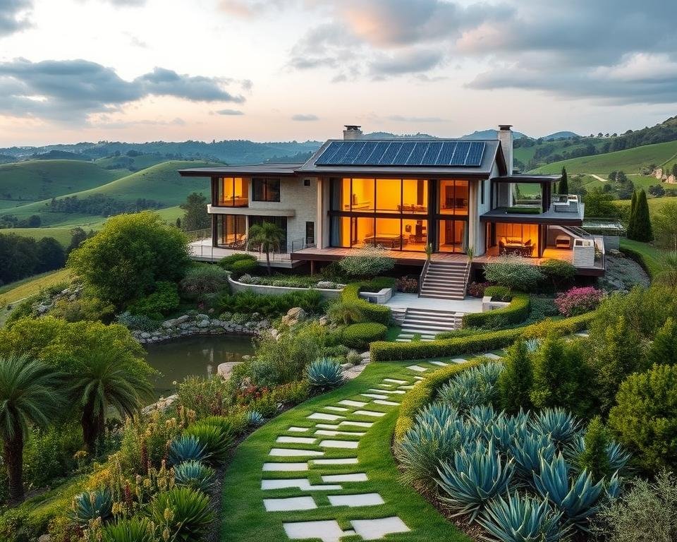 A luxurious, sustainable villa nestled among rolling hills, surrounded by lush greenery. The sleek, modern architecture blends seamlessly with the natural environment, featuring large windows that flood the interior with warm, natural light. Solar panels on the roof provide clean, renewable energy, while a sophisticated water recycling system conserves resources. A sprawling garden with native flora and a tranquil pond create a serene oasis. In the foreground, a path leads to the villa's entrance, flanked by carefully curated landscaping. The overall scene conveys a harmonious fusion of high-end living and environmental consciousness.