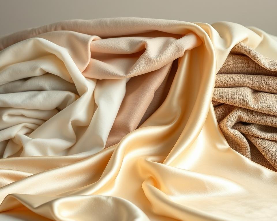 A meticulously detailed and visually striking comparison of mulberry silk against a collection of other high-quality fabrics. In the foreground, a luxurious bolt of creamy mulberry silk cascades gracefully, its shimmering texture and supple drape on full display. Surrounding it, a diverse array of fabrics - crisp cotton, soft linen, warm wool, and more - each showcasing their distinct weaves, weights, and visual characteristics. Gentle, naturalistic lighting highlights the intricate nuances of each material, while a clean, minimalist backdrop allows the fabrics to take center stage. The overall scene conveys a sense of elegance, sophistication, and a deep appreciation for the unique properties that distinguish mulberry silk from its counterparts.