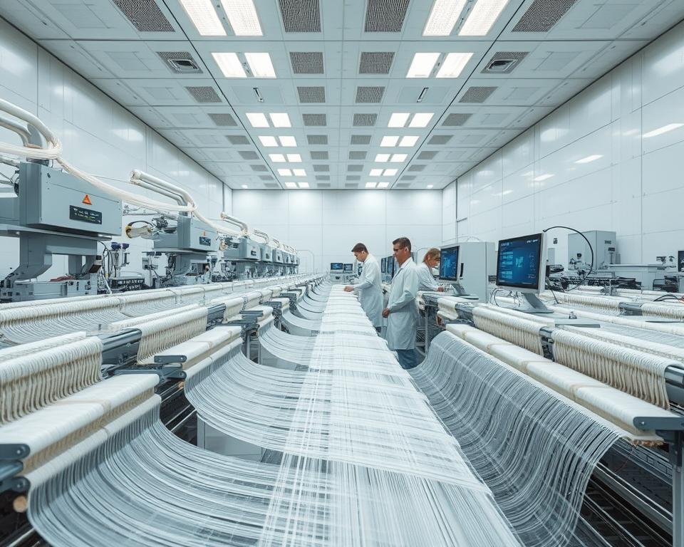 A meticulously engineered automated silk production facility. In the foreground, a series of precisely calibrated machines delicately unravel silken threads from cocoons, weaving them into intricate patterns. Midground, technicians in crisp lab coats monitor screens displaying real-time production data, adjusting parameters with deft precision. The background reveals a vast, climate-controlled chamber, bathed in a soft, even glow from recessed lighting, creating an atmosphere of efficient, technological harmony. Capture the essence of modern, streamlined sericulture - a symphony of man and machine, elevating the timeless art of silk-making.