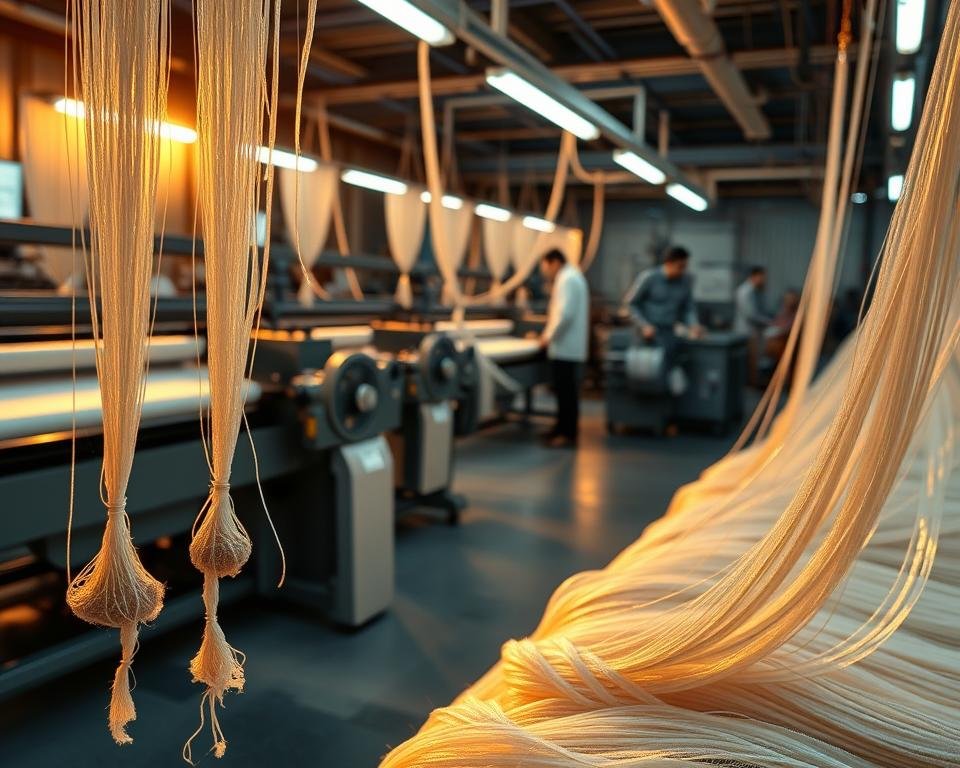 A modern silk production facility, bathed in warm, soft lighting. In the foreground, delicate silk strands are carefully extracted from cocoons, their lustrous fibers glistening. In the middle ground, state-of-the-art machinery spins and weaves the silk into intricate, flowing fabrics. In the background, skilled technicians monitor the process, ensuring quality and efficiency. The atmosphere is one of precision, innovation, and the timeless elegance of this ancient textile art. A modern silk production facility, bathed in warm, soft lighting. In the foreground, delicate silk strands are carefully extracted from cocoons, their lustrous fibers glistening. In the middle ground, state-of-the-art machinery spins and weaves the silk into intricate, flowing fabrics. In the background, skilled technicians monitor the process, ensuring quality and efficiency. The atmosphere is one of precision, innovation, and the timeless elegance of this ancient textile art.