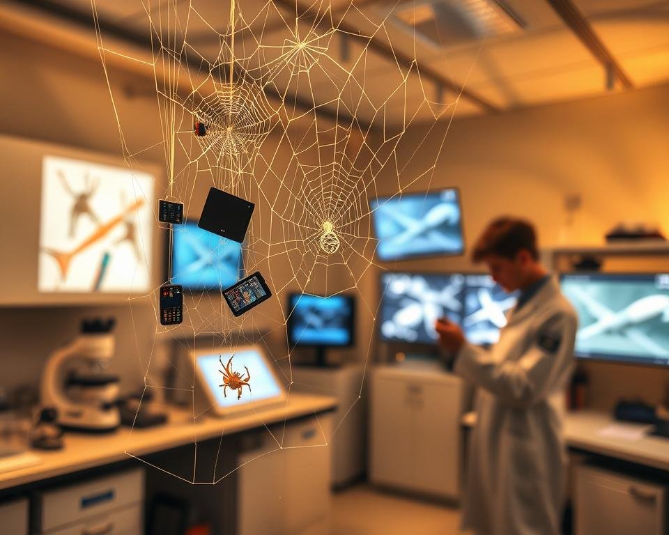 A pristine laboratory setting, bathed in warm, diffused lighting, showcases an array of delicate spider silk constructs. In the foreground, a gossamer web-like structure suspends various modern devices, highlighting the material's remarkable strength and flexibility. In the middle ground, a scientist examines a sample under a high-powered microscope, capturing the intricate, fractal-like patterns of the silk. The background reveals a series of display screens, illustrating the diverse applications of this natural wonder, from biomedical textiles to aerospace engineering components. The overall atmosphere conveys a sense of scientific exploration and the boundless potential of this remarkable natural material.