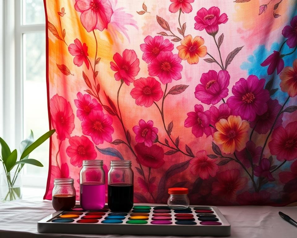 A richly colored silk painting against a soft, diffused background. In the foreground, delicate brushstrokes create intricate floral patterns, the vibrant hues blending seamlessly. The middle ground showcases a palette of vibrant dyes, glass jars filled with vivid pigments. Backlighting illuminates the translucent fabric, giving it a luminous quality. Diffused natural light filters through a large window, casting a warm, ambient glow. The composition emphasizes the fluid, expressive nature of silk painting, inviting the viewer to explore the creative possibilities of color mixing and customization.