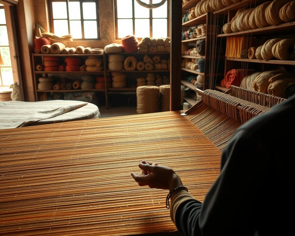 A serene artisanal workshop nestled in the heart of the Indian countryside, where skilled weavers meticulously craft the timeless Tussar silk. In the foreground, a master weaver's nimble fingers deftly manipulate the delicate golden threads, their movements a mesmerizing dance. The middle ground reveals a loom adorned with intricate patterns, a testament to the weaver's artistry. Soft, natural light filters through the windows, casting a warm glow upon the scene and accentuating the rich, earthy tones of the raw silk. In the background, shelves brimming with spools of Tussar yarn and bolts of the luxurious fabric create a picturesque tapestry, hinting at the centuries-old traditions that live on in this sanctuary of skilled craftsmanship.