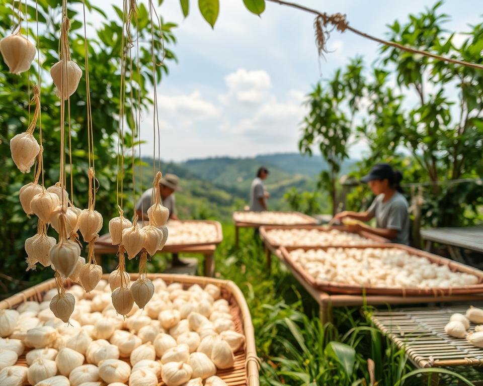 A serene cocoon farming scene, set against a backdrop of lush, verdant foliage. In the foreground, intricate silk cocoons hang delicately from bamboo trays, their translucent shells glimmering under soft, diffused natural lighting. The middle ground reveals skilled sericulturists carefully tending to the precious cocoons, their movements graceful and deliberate. In the distance, rolling hills and a cloudless sky create a tranquil, idyllic atmosphere, highlighting the environmental harmony essential to the art of sericulture. The overall composition conveys the quiet beauty and sustainable practices inherent to this centuries-old craft.