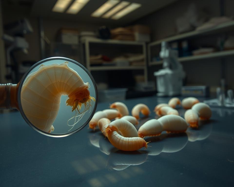 A serene, dimly lit laboratory setting showcases the intricate moulting stages of silkworms. In the foreground, a magnified view captures the delicate shedding of the silkworm's exoskeleton, the old skin peeling away to reveal the soft, tender new layer beneath. The middle ground features several silkworms in various states of moulting, their bodies contorted as they navigate this critical metamorphic process. In the background, an array of scientific instruments and equipment suggests the meticulous observation and study of these remarkable creatures. The overall tone is one of reverence and fascination, inviting the viewer to witness the silkworm's remarkable adaptation to its environment.