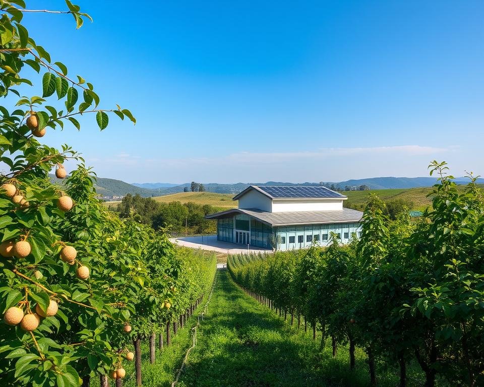 A serene, eco-friendly silk production facility nestled amidst lush greenery. In the foreground, rows of mulberry trees sway gently, their leaves providing sustenance for industrious silkworms. The middle ground reveals a modern, energy-efficient silk reeling facility, its roof adorned with solar panels that harness the sun's power. In the background, rolling hills and a clear blue sky create a harmonious, natural backdrop. The scene is bathed in soft, diffused lighting, capturing the tranquility and sustainability of this smart sericulture operation.