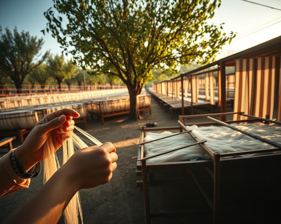 A serene sericulture workshop, bathed in warm afternoon light. In the foreground, skilled hands delicately extract shimmering silk strands from cocoons, a timeless ritual. In the middle ground, rows of mulberry trees sway gently, their leaves rustling in the breeze. The background is filled with traditional wooden racks and trays, reflecting the centuries-old techniques used to produce this precious fiber. The atmosphere is one of quiet focus and reverence for the natural processes that yield this sustainable material. A wide-angle lens captures the scene, emphasizing the harmony between human skill and the bounty of nature. A serene sericulture workshop, bathed in warm afternoon light. In the foreground, skilled hands delicately extract shimmering silk strands from cocoons, a timeless ritual. In the middle ground, rows of mulberry trees sway gently, their leaves rustling in the breeze. The background is filled with traditional wooden racks and trays, reflecting the centuries-old techniques used to produce this precious fiber. The atmosphere is one of quiet focus and reverence for the natural processes that yield this sustainable material. A wide-angle lens captures the scene, emphasizing the harmony between human skill and the bounty of nature.