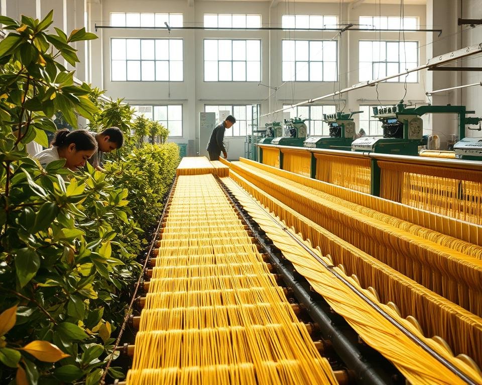 A serene silk production facility, bathed in warm, natural light from large windows. In the foreground, skilled artisans carefully tend to rows of mulberry bushes, delicately plucking leaves to feed the industrious silkworms. The middle ground showcases the intricate reeling process, where golden silk threads are meticulously extracted from the cocoons and wound onto bobbins. In the background, modern machinery hums, processing the raw silk into luxurious fabrics. The scene conveys a harmonious blend of traditional craftsmanship and modern technology, reflecting the timeless essence of the silk production process. A serene silk production facility, bathed in warm, natural light from large windows. In the foreground, skilled artisans carefully tend to rows of mulberry bushes, delicately plucking leaves to feed the industrious silkworms. The middle ground showcases the intricate reeling process, where golden silk threads are meticulously extracted from the cocoons and wound onto bobbins. In the background, modern machinery hums, processing the raw silk into luxurious fabrics. The scene conveys a harmonious blend of traditional craftsmanship and modern technology, reflecting the timeless essence of the silk production process.