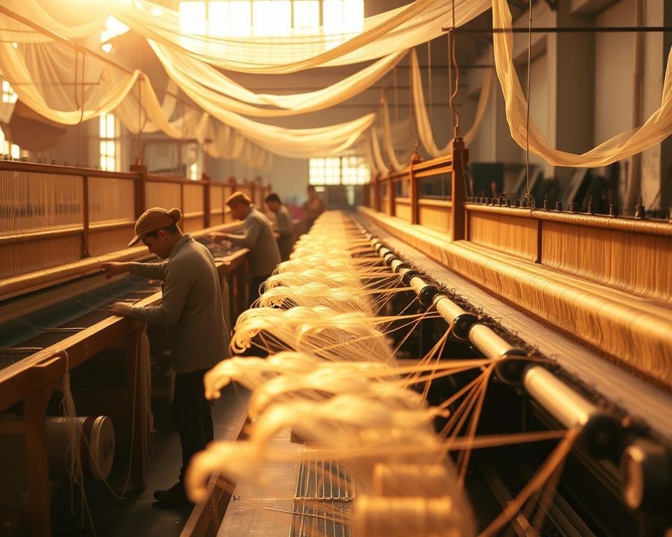 A serene silk thread factory, bathed in warm, golden light. In the foreground, skilled artisans meticulously wind delicate silk threads onto spools, their hands moving with precision and grace. In the middle ground, rows of traditional looms stand ready, their wooden frames gleaming. The background is filled with the gentle hum of machinery and the soft, billowing movement of sheer, gossamer fabrics. The atmosphere is one of quiet focus and timeless craftsmanship, capturing the essence of the silk thread industry's enduring legacy.