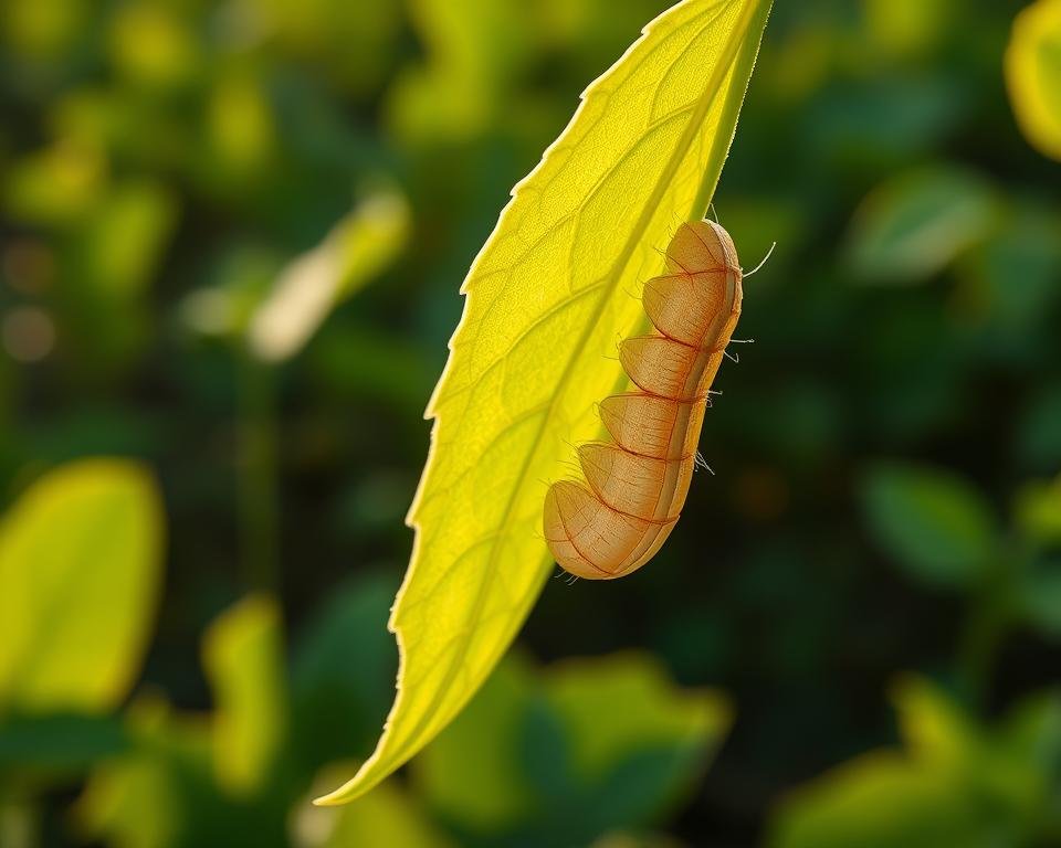 A serene silkworm feeding on a vibrant green mulberry leaf, backlit by soft, warm natural light. The silkworm's delicate body and fine silk threads are rendered in intricate detail, highlighting its intricate anatomy. The leaf's veins and texture provide a visually engaging contrast. In the background, a blurred field of additional mulberry leaves suggests a well-tended silkworm farm, conveying the importance of proper nutrition for the silkworm's health and development. The overall scene evokes a sense of tranquility and the symbiotic relationship between the silkworm and its primary food source.