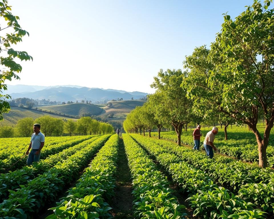 A serene, verdant landscape bathed in soft, natural light. In the foreground, a silk worm farm with sericulturists tending to the delicate silkworms, their movements graceful and purposeful. The middle ground reveals rows of mulberry trees, their leaves rustling gently in the breeze. In the background, rolling hills and a clear, azure sky, creating a harmonious, sustainable ecosystem. The scene conveys a sense of balance, where the needs of the silkworms, the mulberry trees, and the human caretakers are all met through ethical, environmentally-conscious practices.