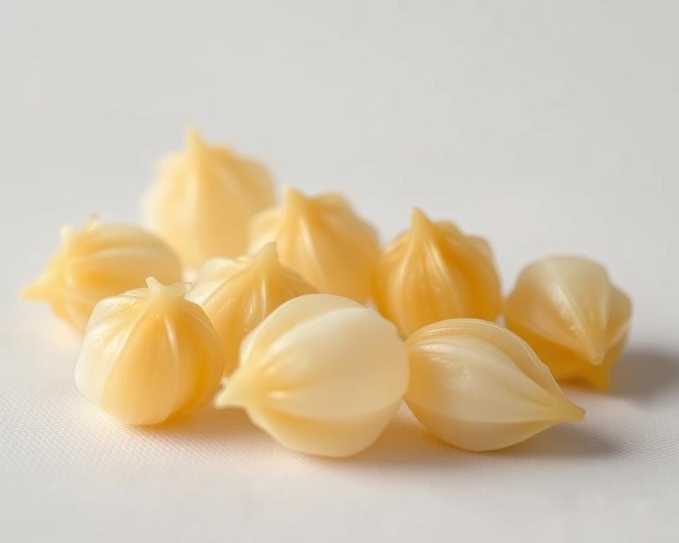 A serene, well-lit close-up view of several delicate, pristine silk cocoons in various stages of development, meticulously arranged against a soft, neutral backdrop. The cocoons, each a marvel of nature's engineering, exhibit a range of shimmering hues from ivory to golden yellow, with intricate textures and patterns visible. Soft, diffused lighting from the side casts gentle shadows, highlighting the cocoons' organic forms and emphasizing their fragile, yet resilient nature. The overall composition conveys a sense of careful quality control, showcasing the attention to detail and craftsmanship inherent in the sericulture process.