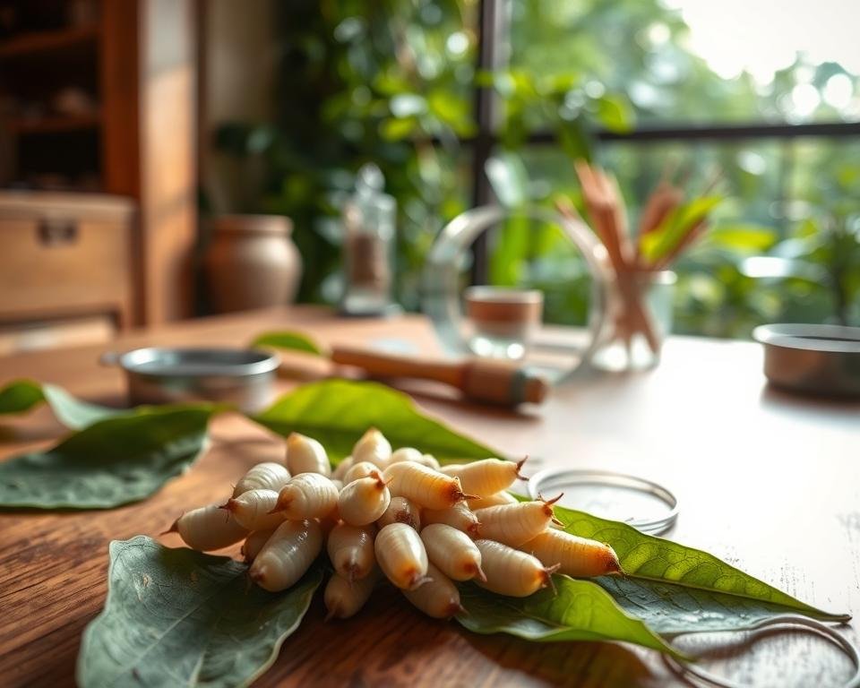 A serene, well-lit studio with a natural, soft lighting casting a warm glow on a wooden table. In the foreground, a cluster of plump, healthy silkworms feasting on fresh mulberry leaves, their bodies glistening with a delicate sheen. In the middle ground, an array of silkworm rearing tools, including a magnifying glass, a clean brush, and a small container for housing the worms. The background features a lush, verdant backdrop, hinting at the natural habitat of these industrious creatures. The overall scene conveys a sense of care, attention, and the nurturing environment required for raising thriving silkworms.