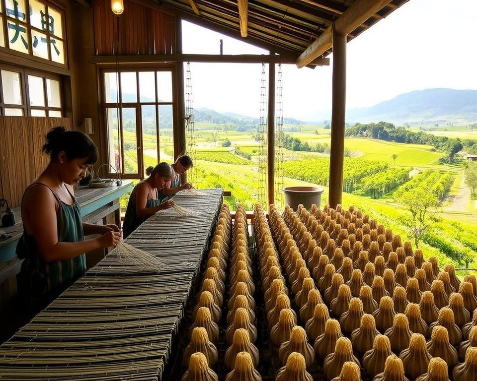 A serene workshop nestled in lush, verdant landscapes, where ethical silk producers skillfully tend to their mulberry bushes and silkworms. Sunlight filters through large windows, casting a warm glow on the intricate weaving looms and natural dye vats. In the foreground, a group of artisans carefully extract delicate silk strands, their hands moving with practiced precision. The middle ground reveals rows of neatly organized cocoons, each a testament to the patience and care invested in this sustainable textile production. The background showcases a panoramic view of rolling hills, dotted with thriving mulberry trees, reflecting the harmony between nature and craftsmanship. An atmosphere of tranquility and environmental stewardship permeates the scene.