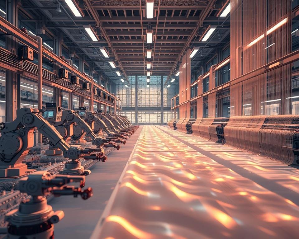 A sleek, futuristic factory floor, bathed in warm, diffused lighting. In the foreground, a seamless network of robotic arms and precision mechanisms meticulously handle delicate silk strands, weaving them into intricate patterns. In the middle ground, rows of high-tech looms operate with fluid, automated efficiency, producing shimmering bolts of luxurious silk fabric. The background is dominated by towering, glass-enclosed control rooms, where technicians monitor the entire process with an array of digital displays and holographic interfaces. The atmosphere is one of technological marvel, where human ingenuity and cutting-edge automation converge to push the boundaries of silk production.