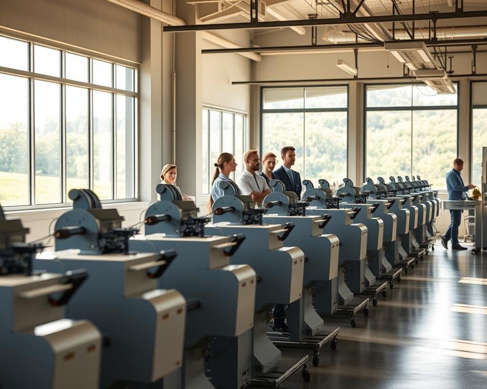 A sleek, modern facility with a focus on sustainable silk production technologies. In the foreground, a series of precision-engineered silk reeling machines, bathed in warm, natural lighting that filters through large, industrial-style windows. In the middle ground, a team of technicians monitor the automated processes, their expressions a mix of concentration and pride. The background reveals a lush, verdant landscape, hinting at the environmentally-conscious ethos of Silk Automation Technologies. The overall scene conveys a harmonious blend of advanced machinery, human expertise, and a deep respect for the natural world.