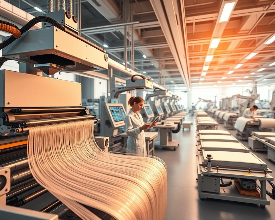 A sleek, modern silk production facility with cutting-edge machinery and innovative technologies. In the foreground, a state-of-the-art silk reeling machine effortlessly extracts delicate silk filaments from cocoons. The middle ground showcases a clean, well-lit workspace where technicians monitor the process, their faces illuminated by the glow of touchscreen interfaces. In the background, a panoramic view of the factory floor reveals advanced robotic arms and automated silk processing systems, all working in harmony to maximize efficiency and quality. The lighting is warm and industrial, casting a sense of progress and technological advancement. The overall mood is one of innovation, precision, and a bright future for the age-old art of silk production.