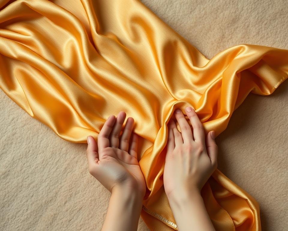 A softly lit, high-angle shot of a delicate muga silk garment resting on a lush, velvety surface. The fabric shimmers with a warm, golden hue, its intricate, handwoven textures visible in crisp detail. In the foreground, a pair of slender, caring hands gently caress the silky material, showcasing its luxurious, yet durable nature. The background is a serene, neutral palette, allowing the beauty of the muga silk to take center stage. Soft, diffused lighting creates a sense of tranquility and reverence, inviting the viewer to appreciate the timeless elegance and proper care required for this precious, natural fiber.