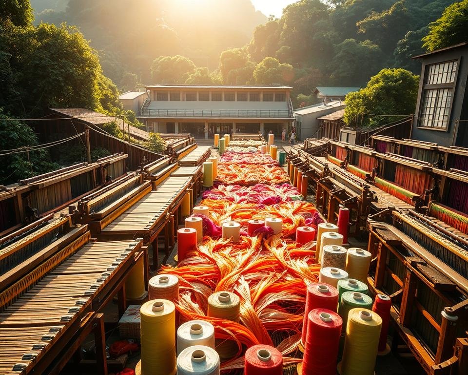 A sprawling silk thread production facility nestled in a lush, verdant landscape. In the foreground, rows of traditional wooden looms hum with activity as skilled artisans deftly weave intricate patterns. Mid-ground, large spools of vibrant silk threads in a rainbow of colors sit ready for processing. In the background, a series of airy, sun-dappled buildings house the reeling, dyeing, and finishing stages of production. Warm, golden light filters through large windows, casting a serene, timeless atmosphere over the entire scene. A fascinating glimpse into the captivating craft of silk thread making.