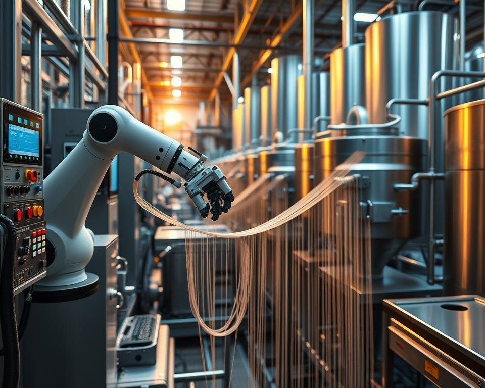 A state-of-the-art silk degumming facility, its sleek machinery bathed in warm industrial lighting. In the foreground, a robotic arm deftly manipulates delicate strands of silk, the degumming process unfolding with precision. The middle ground reveals an array of advanced sensors and computer interfaces, monitoring every step of the innovative technique. In the background, towering vats and tanks suggest a comprehensive, streamlined operation, poised to elevate the quality and sustainability of textile production. An atmosphere of technological progress and ecological awareness pervades the scene, hinting at a future where silk degumming unlocks new frontiers in high-performance, eco-friendly fabrics.